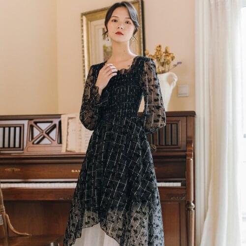 2020 new fashion womens clothing Square Collar Ankle-Length Plaid Vintage dresses women dress