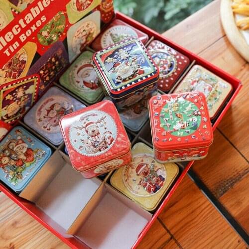 12PCS Christmas Small Square Box Tin Packaging Gift Box for Candy Baking Biscuit Gift Boxes XMAS Decor