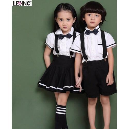 Korean Style Kids School Uniforms Children Cotton Short Sleeve Suit Show Choral Clothes Spring/Summer Shirt+Strap dress 3t-12y