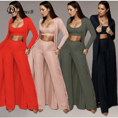 Dressmecb Solid Pink Three Pieces Outfits Women Loose Tanks And Long Pants Coat Autumn Suits Casual Streetwear 3 Piece Set 2021