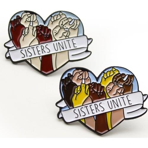 Heart Feminism Enamel Brooch sisters unite female right Lapel Pin Different skin color woman fist Fashion Badge Gifts feminists