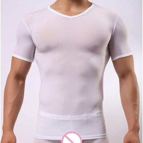 Ice Silk Tops & Tees Sexy Men Fitness Tshirt Short Sleeve Solid O Neck T-shirt Singlet Male Undershirt Clothing