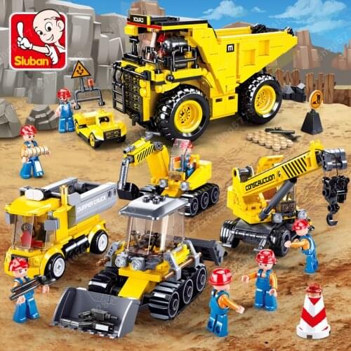 Sluban minifigure Building Block City Town Construction Heavy Engineering Excavator Bulldozer Educational Bricks Toy Boy