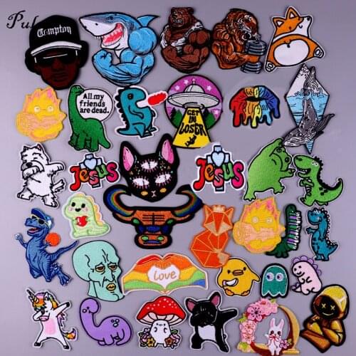 Dinosaur Parches Skull Animal Embroidery Patches for Clothes Iron On UFO Patches For Clothing DIY Stripes Flowers Stickers Badge