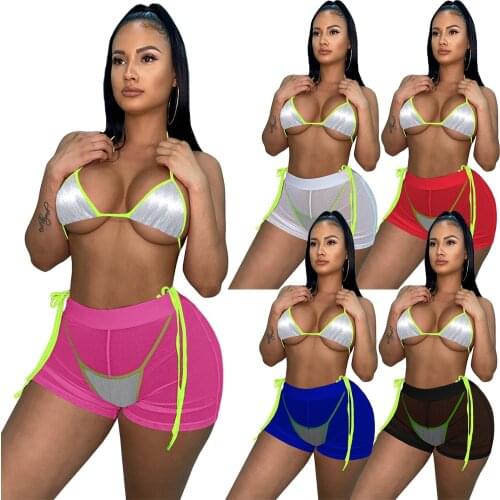 2021 Summer New Womens Swimwear Mesh Sequins Pants Suit Three-Piece Suit