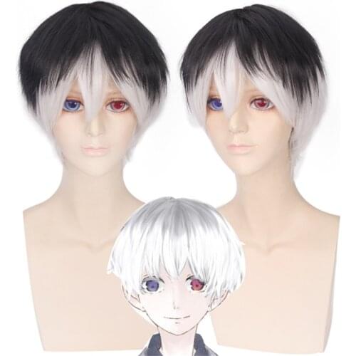 30cm Anime Tokyo Ghoul Cosplay Kaneki Ken Sasaki Wig Role Playing Wigs Halloween Cosplay Black White Gradient Hair Wig Cap