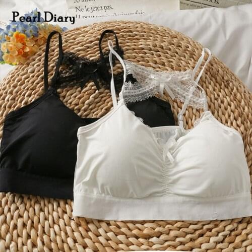 Pearl Diary Women Adjustable Strap Bra Tops Solid Basic Ruched Front Sexy Bra With Removable Pad Bow Front Lace Cross Back Sexy