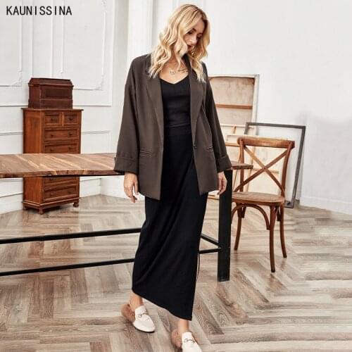 Womens Blazer Jacket Casual Solid Single Button Pocket Coat Office Lady Autumn Spring Loose Blazers Streetwear Chic Outwear