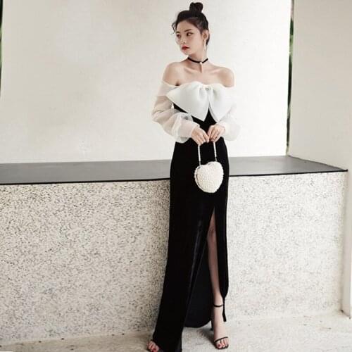 Special Occasion Dresses Vintage Boat Neck Full Bow A-Line Off The Shoulder Luxury Black Backless Elegant Women Prom Gown E937
