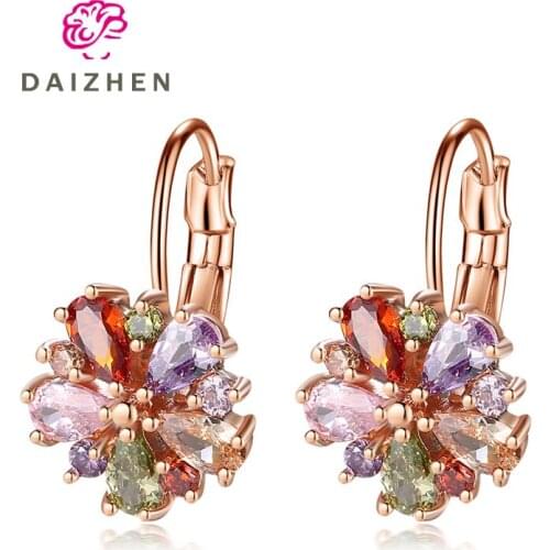 Lady Multicolor Flower Design CZ Rose Gold Color Stud Earrings For Women Wedding Holiday Exquisite Luxury Jewelry Xmas