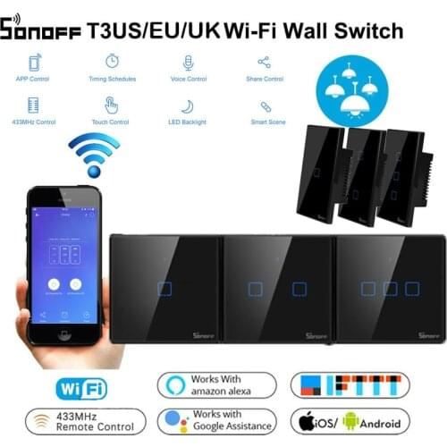 SONOFF T1 T2 T3 TX US/EU/UK 433 RF Control 1/2/3 Gang Basic Smart Home Wifi Touch Wall Light lamp Switch With Alexa Google Home
