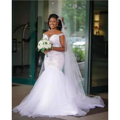 Vintage African Mermaid Wedding Dresses 2021 Off the Shoulder Plus Size Lace Sweep Train Wedding Bride Gowns