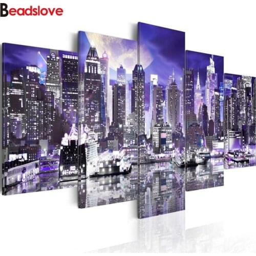 Needlework DIY Diamond Embroidery 5Panel New York City Construction Scenery Diamond Painting Cross Stitch Full Rhinestone Mosaic