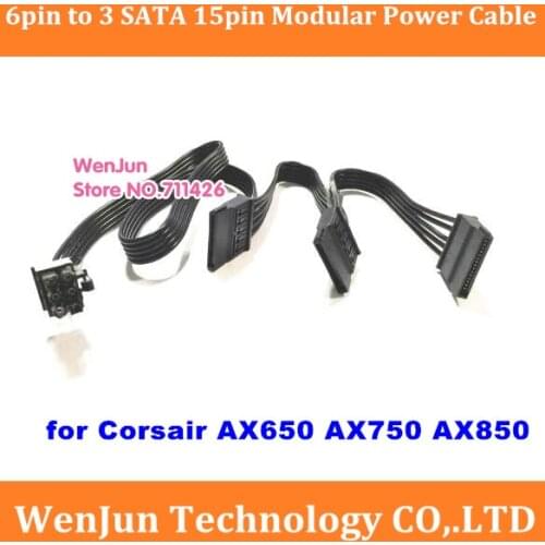 High Quality 40cm black 6pin Male 1 to 3 SATA 15pin Modualr Power Cable for Corsair AX650 AX750 AX850 series