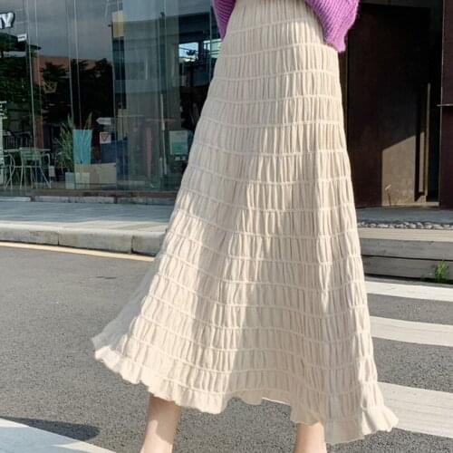 Female Autumn Winter New Fashion Korean Ruffle Midi Long A-Line Skirt Women Casual High Waist All-match Solid Pleated Skirt
