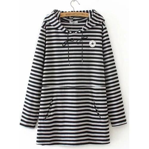 Plus size striped cotton women loose long hoodies coat 2021 new spring casual ladies soft Sweatshirts female pullovers tops navy