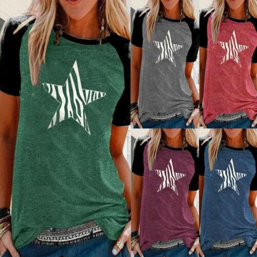 Black pink t shirt Women O-neck Casual Loose Star Print Short-sleeved Patchwork multi-colored clothes High Quality free shipping