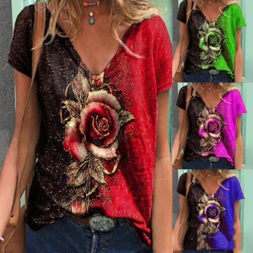 Women Summer T Shirts V Neck Floral Printed Short Sleeve T-Shirt Casual Loose Pullover Plus Size T Shirt Clothing Streetwear