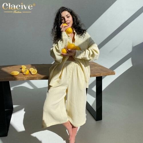 Clacive Casual Solid Two Piece Pants Set Ladies Fashion Long Sleeve Blouse Shirt High Wasit Trouser Suits Elegant Sets For Women