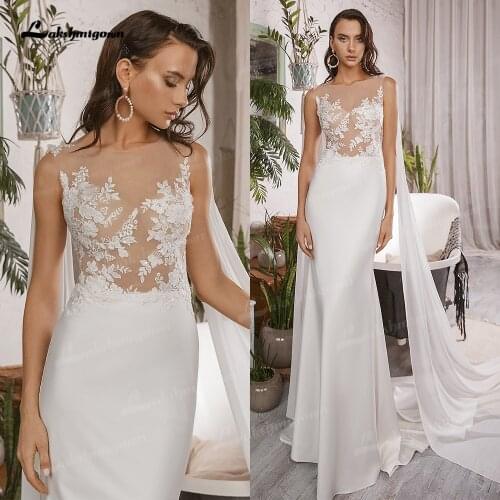 Simple Boho Mermaid Wedding Dresses with Cap Sleeveless Scoop Neck Satin Elegant Lace Appliques Bridal Gowns vestido de novia