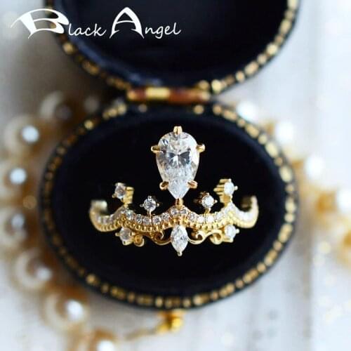 BLACK ANGEL 2021 New Gold Ring for Women Elegant Princess Crown Inlaid Water Drop Crystal Shiny Zircon Fine Jewelry Wedding Gift