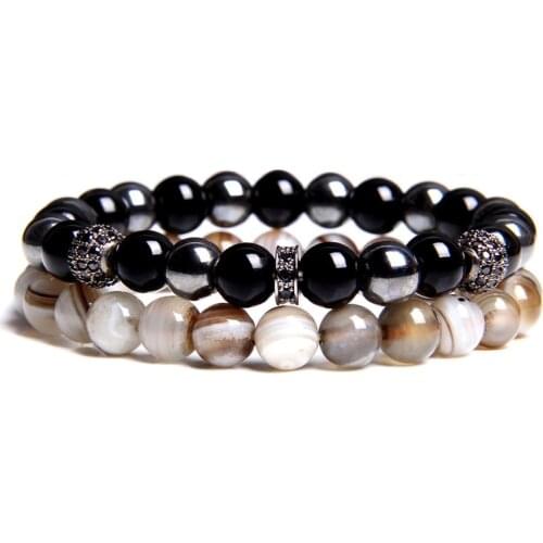 2 Pieces Couples Bracelets Men Fashion 2019 Hot Selling Natural Botswana Agat Bracelet For Women Onyx CZ Charm Bangle Jewelry