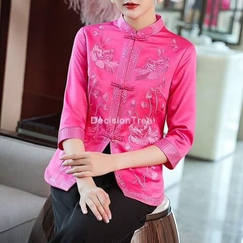 2021 floral embroidery tang blouse chinese shirts denim satin qipao tops camisa china classic traditional short cheongsam tops