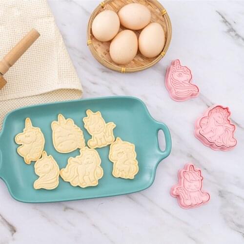 6pcs Unicorn Shape Cookie Cutters 3D Cartoon Cookie Stamp Biscuit Mold Cookie Plunger Cutter DIY Baking Mould Gingerbread EA
