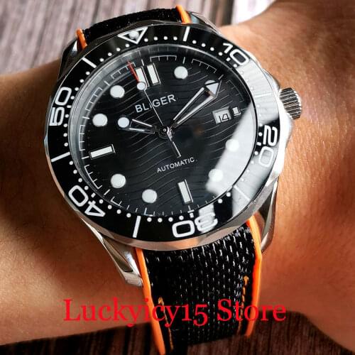 Dress BLIGER Brand NH35A Black Men Watch Selfwinding Movement Black Orange Ruber Band Glass Back Screw Crown Luminous Index