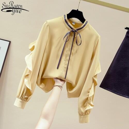 Elegant Ruffled Bow Collar Ladies Top Long Sleeve Chiffon Blouse 2021 Autumn Fashion Women Blouse Women Feminine Blusas 11164