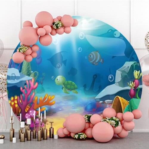 Underwater Cartoon Turtle Bubbles Blue Ocean World Round Backdrop Photography Newborn Baby Girl Mermaid Backgrounds Polyester