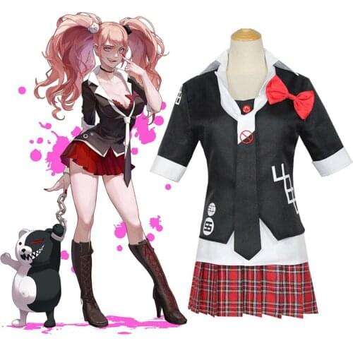 Anime Danganronpa Cosplay Costume Enoshima Junko Uniform Cafe Work Clothes Short Skirt Double Tail Braid Wig Accessories