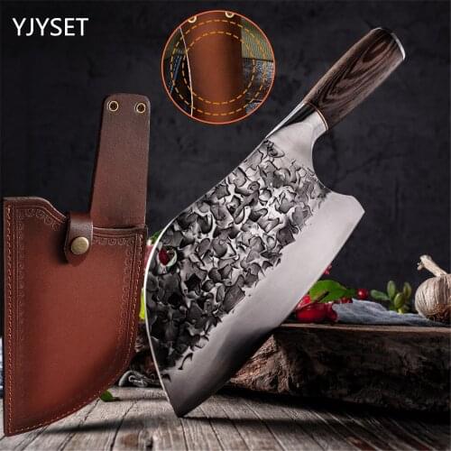 Forged Butcher Knife Traditional Hammer Stainless Steel Knife Chefs Chopper Cooking Handmade Kitchen Knives Gift Knife Covers