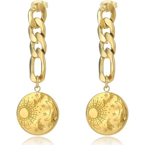 Trendy Stainless Steel Round North Star Drop Earrings Chic Metal Golden Chain Earrings Exquisite Party Anniversary Jewelry Gifts
