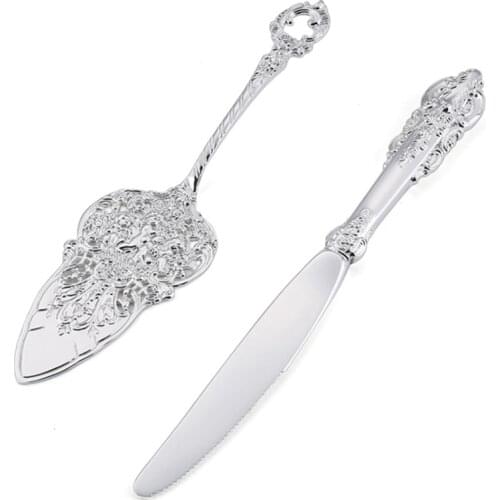 Cake Knife Server Set,Baroque Cake Cutlery Knife and Shovel with Carved Craft Design,Personalized Silverware for Wedding