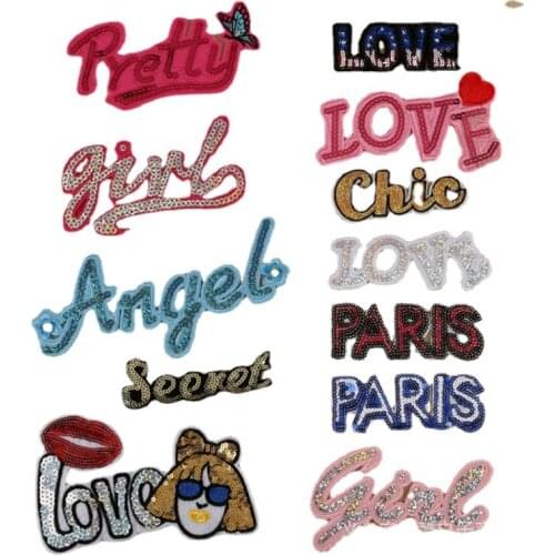 100 Pcs/lot Sequins Embroidered Patches Letter Sticker Love Pretty Girl Angel Secret Cloth Wholesale Sewing Accessories