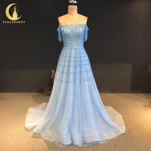 Rhine real Pictures Green Full Beads Luxirous Elie Saab Sky Blue A-Line vestidos de noche платье на выпускной evening dresses