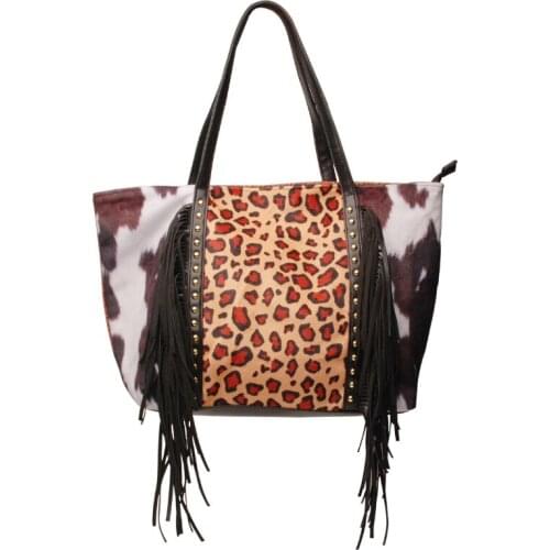 PU Rivet Fringe Tote Bag With Cow Leopard Sunflower Print Tassel Handbags Portable Large Capacity Shopping Bag