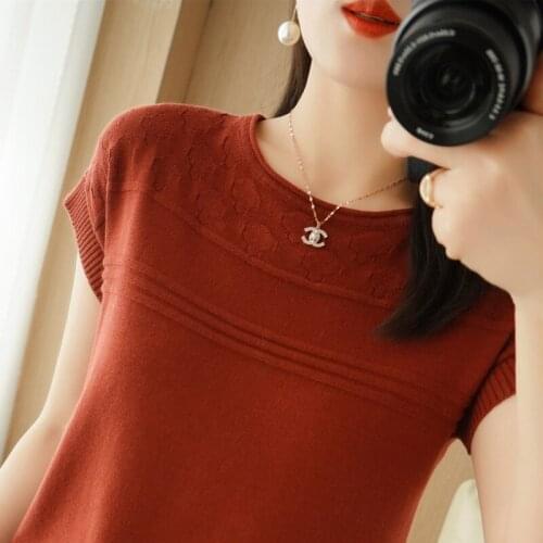 Spring and summer pure cotton round neck sweater womens short-sleeved T-shirt loose top