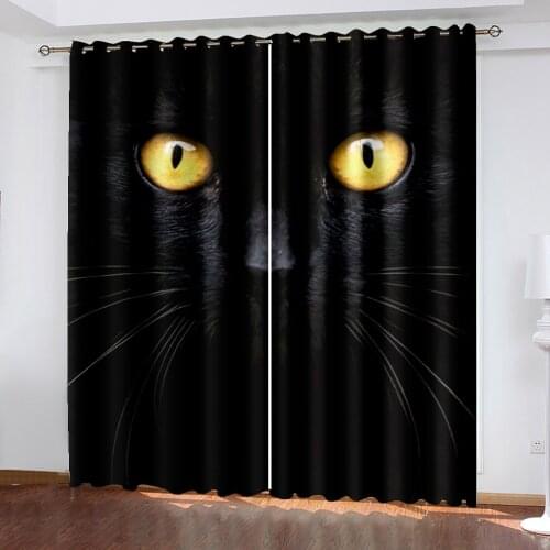 Home Pure Color Black Cat 3D Printing Childrens Bedroom Living Room Curtain Shading Cloth Customized Hook Decorative Curtain