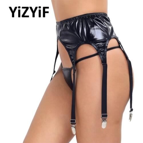 Women Black Patent Leather Garter with Panties Stockings Holder Bands Suspender Sexy Lingerie Plastic/Metal Clip Garters Belts