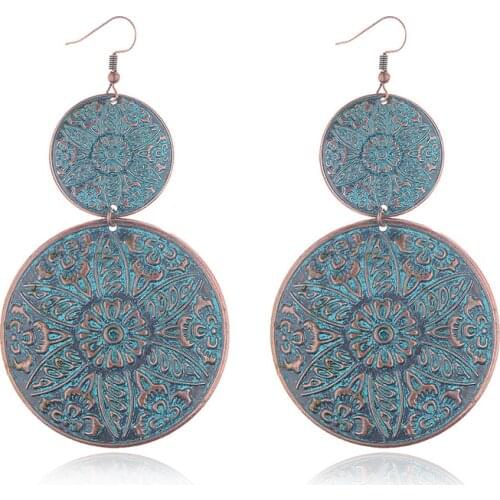 DOUVEI Vintage Double Big Round Verdigris Drop Earrings For Women Retro Carved Jewelry Dangle Earrings Female HQE539