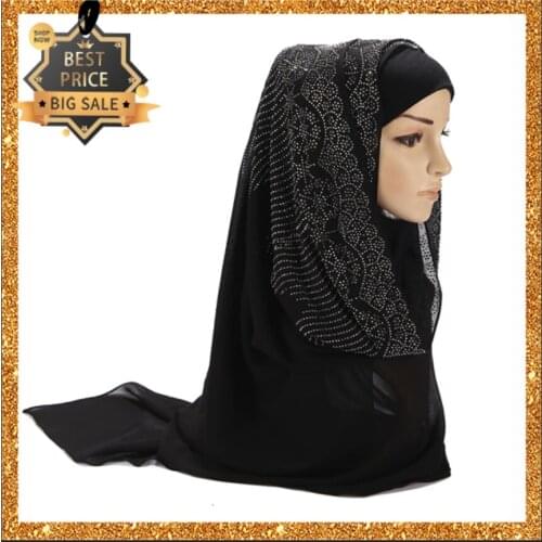 Women chiffon scarf hijab wrap solid color shawls with diamond headband muslim hijabs scarves foulard femme musulman Georgette