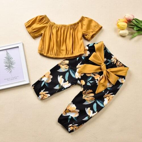 2020 Baby Summer Clothing Toddler Baby Girl Set Yellow Off Shoudler Crop Top Shirt+ Flower Bow Pants Leggings Outfits Set