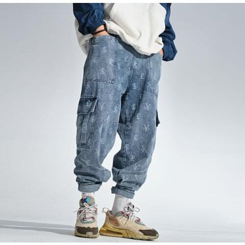 2020 Mens Loose Haren Pants Oversized Printing Casual Pants Baggy Homme Cargo Pocket Jeans Biker Denim Trousers Big Size M-5XL