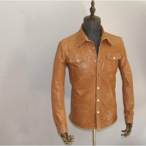 2020 Light Brown Men Casual Single Breasted Plus Size 5XL Genuine Thin Sheepskin Spring Slim fit Leather Shirt
