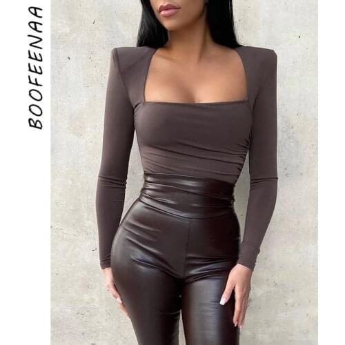 BOOFEENAA Shoulder Pads Square Neck Long Sleeve Bodysuit Women Fashion Black Brown Body Suit Tops Fall Winter 2020 C70-BE16