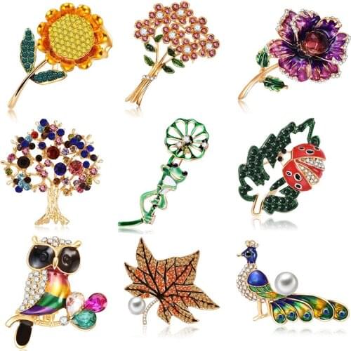 2019 Fashion Crystal Flowers Women Brooch Animal Tree Leaf Broach Red Green Blue Owl Brooch Pin Temperament Jewelry Accessories