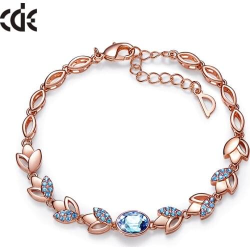 CDE Original Design Leaves Bracelet & Bangle with Blue Crystal from Swarovski Femme Women Link Chain Fashion Jewelry 2 Colors