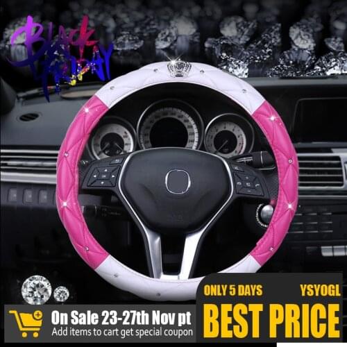 Luxury Crown Pink Steering Wheel Cover for Girls Women PU Leather Rhinestones Diamond Car Wheel Cover 38cm Universal Bling Bling